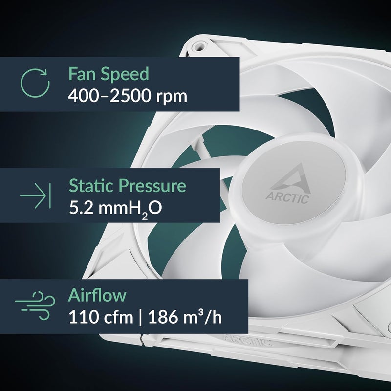 Arctic P14 Pro A-RGB (أبيض) - مروحة قوية متميزة، مروحة 140 مم PWM مع موصل Y، 400-2500 RPM، 0 RPM <5% PWM، 5V RGB رقمي، تحمل ديناميكي سائل - أبيض - Image 2